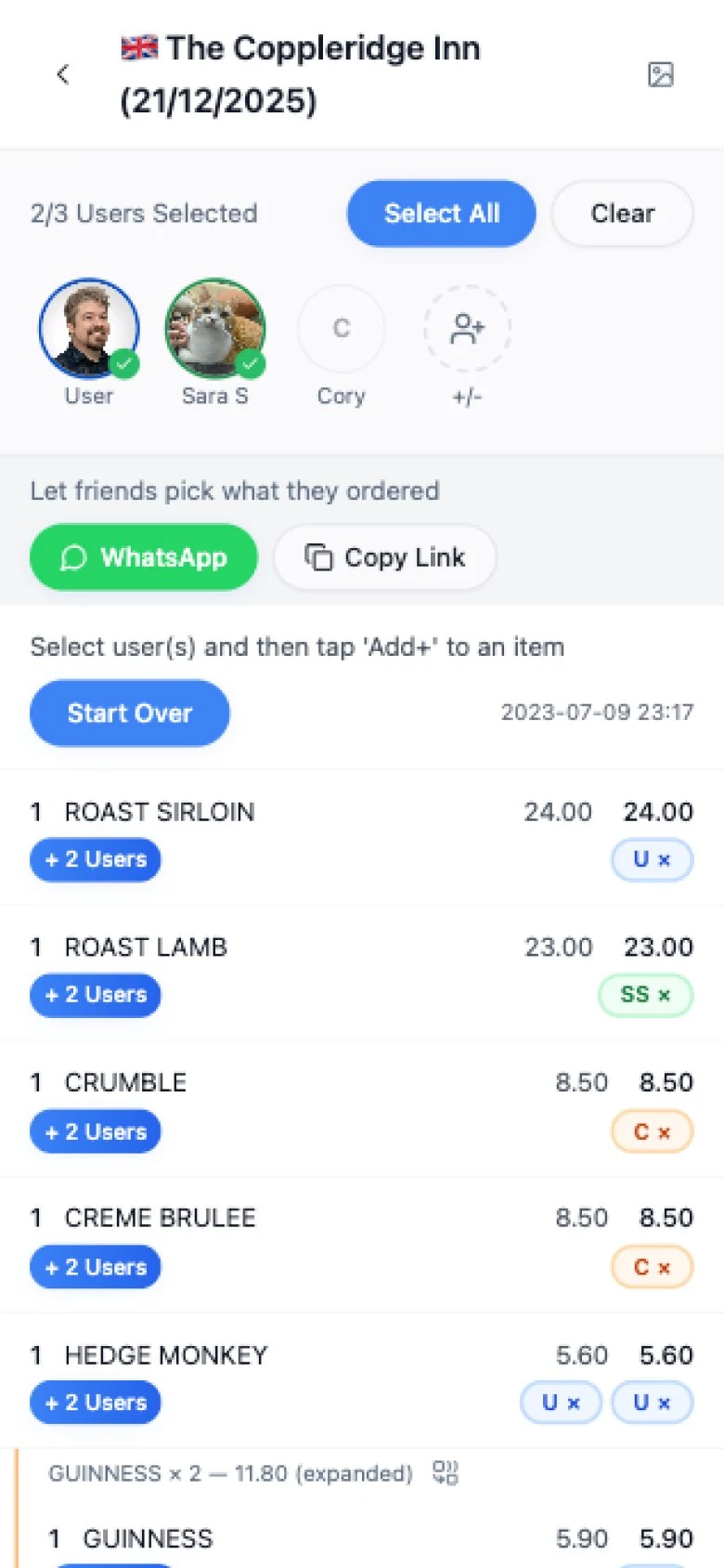 PATE item assignment screen - tap who had each dish